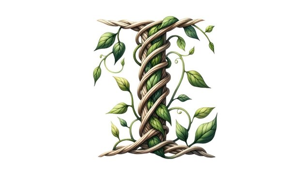 Watercolor painting of the letter 'I' composed of intertwining vines and leaves, evoking a sense of nature and growth