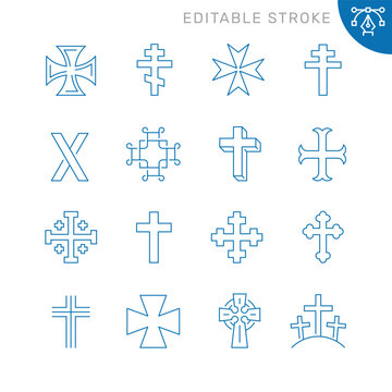 Vector line set of icons related with christian cross. Simple outline sign. Editable stroke.