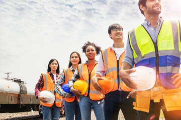 Team diesel railway maintenance depot multiethnic engineers men and women workers various  wearing...