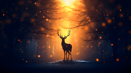 illustration d'un cerf majestueux à contre jour dans une forêt