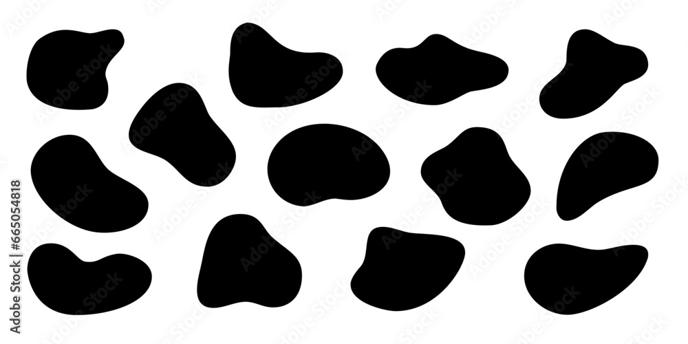 Poster black liquid irregular amoeba blob shapes vector collection isolated on white background. fluid bobb