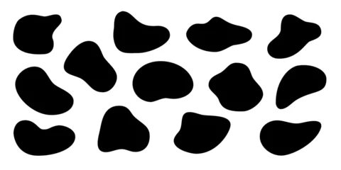 Fotobehang Black liquid irregular amoeba blob shapes vector collection isolated on white background. Fluid bobble blotch forms set, deform drops © backup16