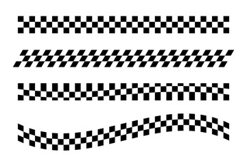 Black and white checker pattern vector illustration set. Abstract checkered chessboard or checkerboard for game, grid with geometric square shape, race or rally flag and mosaic floor tile