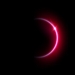 Red solar eclipse flare vector Illustration. Glowing sunlight circle with shining star. Energy semicircle bright curve with glare on edge, shiny design element on black background