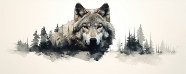 Wild wolf (canis lupus) on wite background in wild nature. Wolf design or graphic for t-shirt printing. - obrazy, fototapety, plakaty