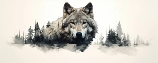 Foto op Aluminium Wild wolf (canis lupus) on wite background in wild nature. Wolf design or graphic for t-shirt printing. © Michal