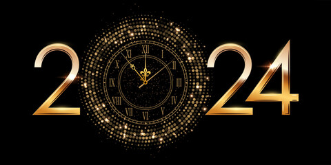 2024 Happy New Year clock countdown background. Gold glitter shining in light with sparkles abstract celebration. Greeting festive card vector illustration. Square holiday poster or wallpaper design - obrazy, fototapety, plakaty