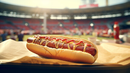 hot dog with mustard and ketchup at a ballpark - obrazy, fototapety, plakaty