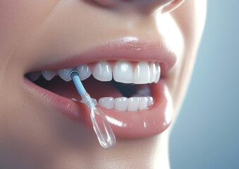 Water flosser cleaning teeth on white background.