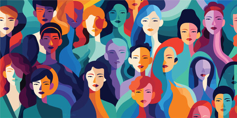 Flat colorful illustration of a diverse group of women - obrazy, fototapety, plakaty