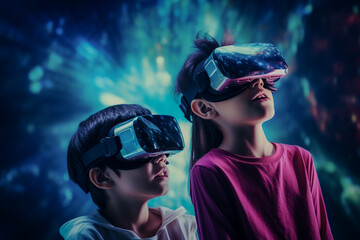 New generation Kids Using VR Headsets to Immerse Into New VR Gaming Worlds. Gen Alpha Digital Natives with Virtual Reality Smart Glasses.
