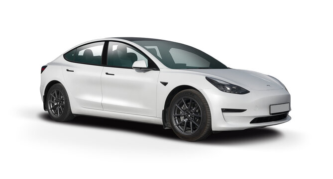 Tesla Model 3 car isolated on white background	
