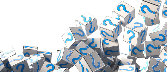 Blue question mark on white background with empty copy space on left side, FAQ Concept. 3D Rendering