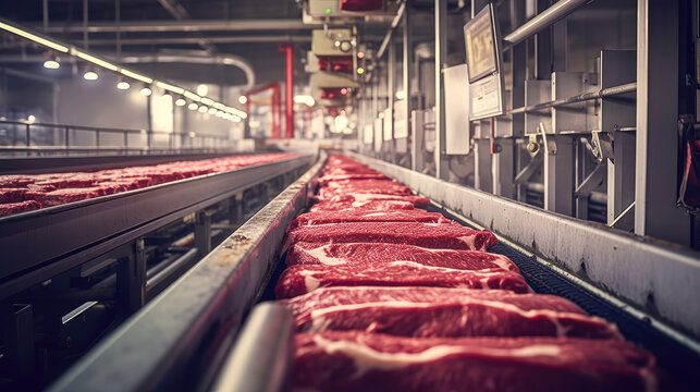 Wagyu beef processing plant, beef on the conveyor belt