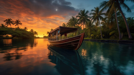 Naklejka na ściany i meble A tropical evening as you gaze at an old boat peacefully floating near palm trees during a mesmerizing sunset
