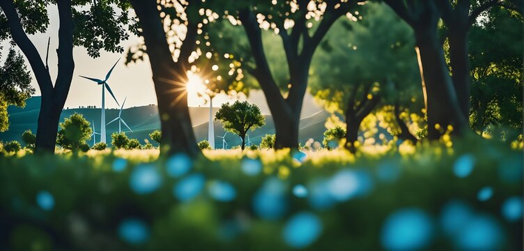 a view through the trees to a green meadow with wind turbines, seamlessly integrated with the environment, green energy, ecological footprint