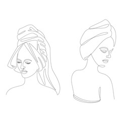 Collection. Silhouettes of a girl's head in a turban, a scarf, a towel. Woman face in modern one line style. Solid line, outline for decor, posters, stickers, logo. Vector illustration set.