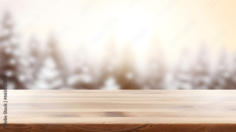 Canvas Prints Wooden table top for product display on Christmas and winter theme with pine trees covered with snow background