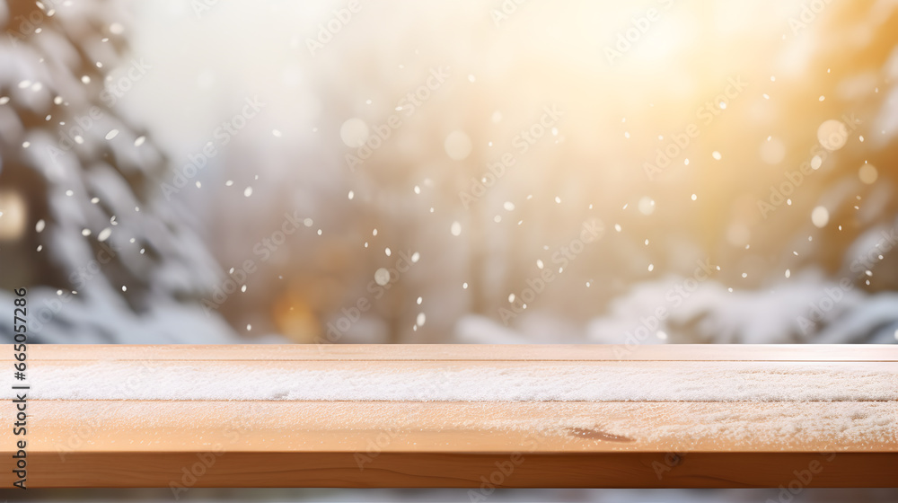 Wall mural Wooden table top for product display on Christmas and winter theme with pine trees covered with snow and sunlight background