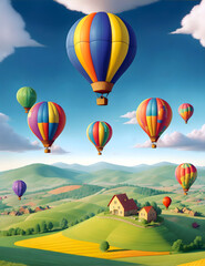 Fototapeta premium 3d illustration of colorful hot air balloons in sky. Hot air balloons flying over a village.