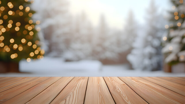 Wooden table top for product display on Christmas and winter theme with blur Xmas tree and pine trees covered with snow background