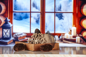 Winter window background and christmas tree. 