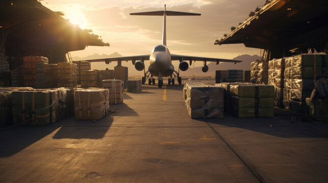 Soldiers unloading crates filled with weapons and ammunition at a bustling military airport