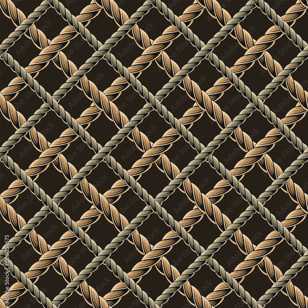 Poster seamless pattern with hemp rope net. classic square geometric grid on black background. vintage styl