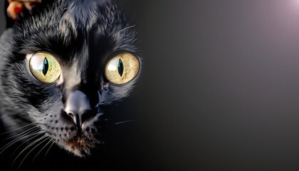 The eyes of a black cat glow in the dark on a black background with copy space. Generative AI