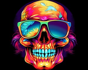 Neon Hipster Skull with Sunglasses - Digital Art on Transparent Black Background