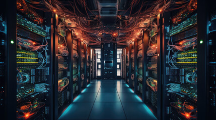 Close-up shot revealing the intricate infrastructure of a server room - obrazy, fototapety, plakaty