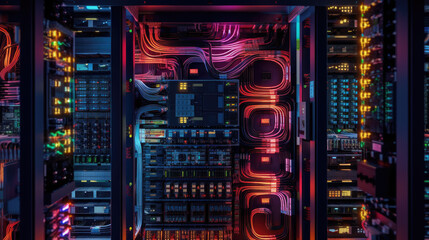 Close-up shot revealing the intricate infrastructure of a server room