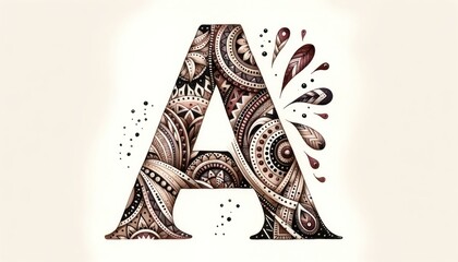 Watercolor painting of the letter 'A' adorned with intricate tribal patterns and motifs, set against a neutral backdrop.