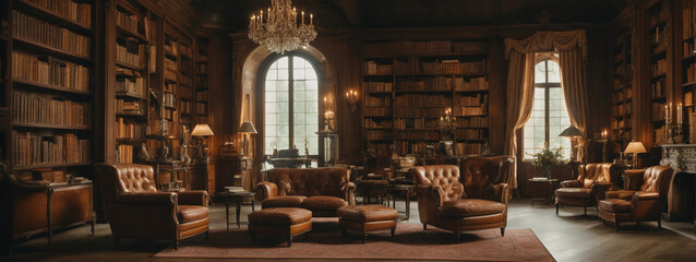 French chateau library with floor-to-ceiling bookshelves, leather armchairs, and a fireplace. - obrazy, fototapety, plakaty