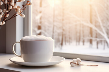 A cup of hot cappuccino in front of the window on a sunny snow winter morning