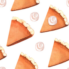 Watercolor pumpkin slice pie, orange seamless pattern, traditional dessert for Thanksgiving dinner. Hand-drawn illustration isolated on white background. Perfect for menu, cooking, packing, card