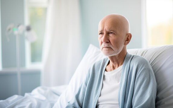 Thoughtful senior male patient in hospital bed in ward room