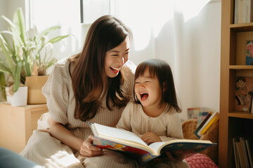 Preschool age girl laughs happily while sitting with her mom reading a story book - obrazy, fototapety, plakaty