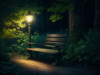 Fototapeta na wymiar Night Forest View with Street Lamp and Wooden Bench