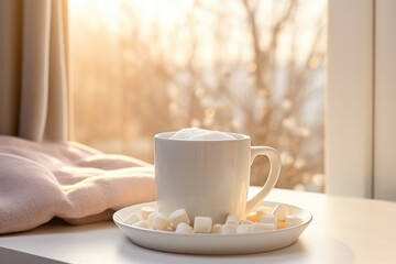 Fototapeta na wymiar Cup of cappuccino with marshmallow sweets in the morning sunshine in front on the window