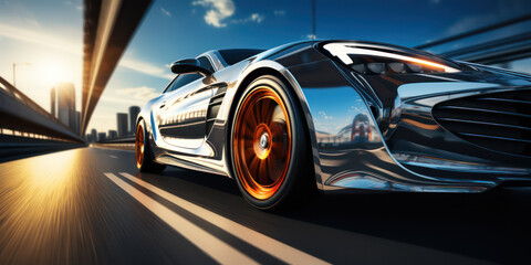 Close-up of wheel of fast sports car on highway: high speed auto in motion blur - obrazy, fototapety, plakaty