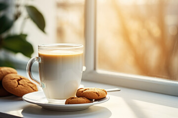 Cup of freshly brewed hot coffee with milk and cookie in front of the window in the morning sunshine