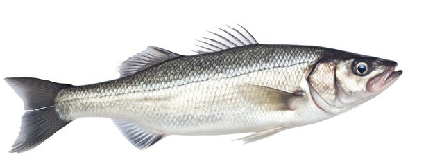 One fresh sea bass fish isolated on white background. - obrazy, fototapety, plakaty