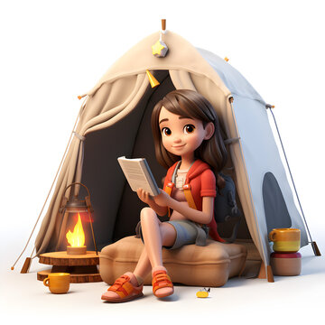 Little girl camping 3d isolated on white