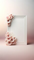 Wedding congratulations frame designed in soft, gentle pastel colors. Copy space layout text greeting card on pastel flowers background. Love romance invitation celebration card.