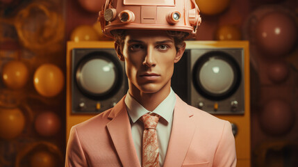 Vintage retro costume, advertising and media from the past. The man wears a helmet on his head. Muted colors, creative concept. - obrazy, fototapety, plakaty