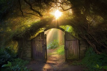Fototapeta na wymiar Enchanting gateway to a whimsical world, radiant beams amidst mystical woods. Generative AI