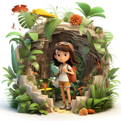 Little girl exploring jungle 3d isolated on white