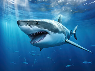 Great white shark, big fish predator in deep blue sea ocean