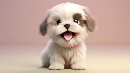 Realistic 3d render of a happy,  furry and cute baby Shih Tzu smiling with big eyes looking strainght